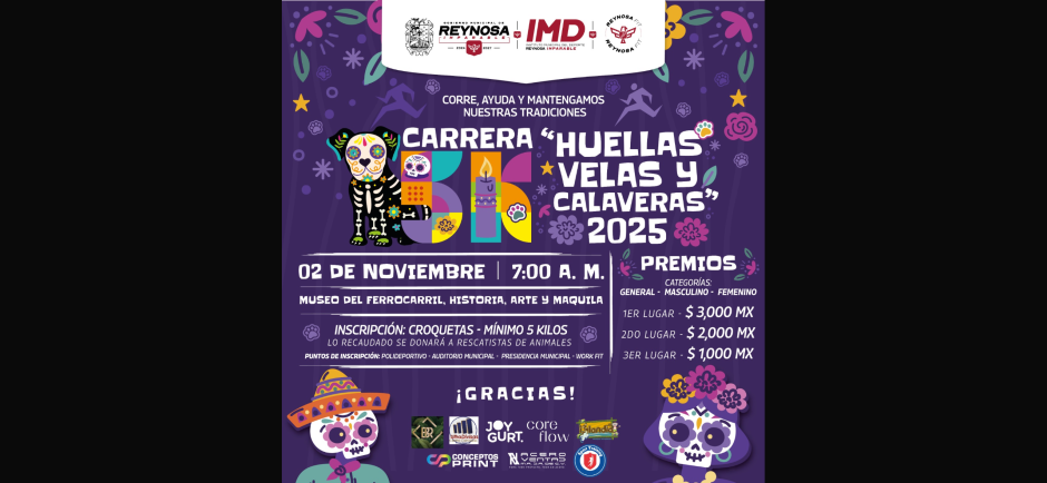 Invita el Gobierno de Reynosa a participar en la carrera 5K Huellas, Velas y Calaveras 2025