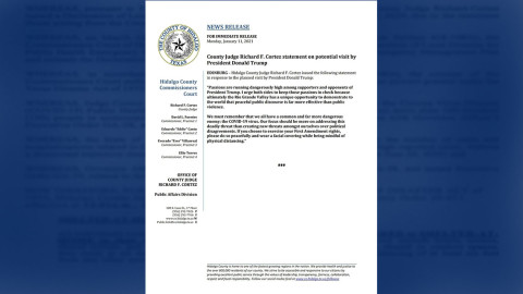 Richard F. Cortez pide a Condado Hidalgo ser responsables ante visita de Trump 