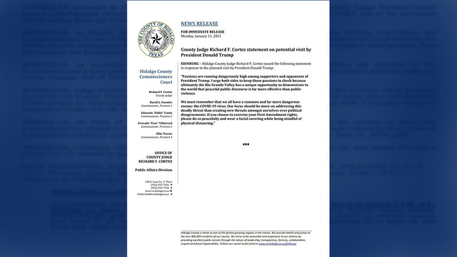 Richard F. Cortez pide a Condado Hidalgo ser responsables ante visita de Trump 