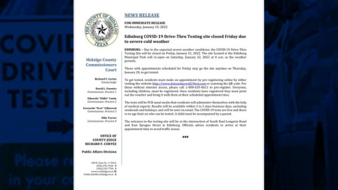 Ante frente frío cerrarán el viernes el sitio de pruebas Drive-Thru COVID-19 de Edinburg