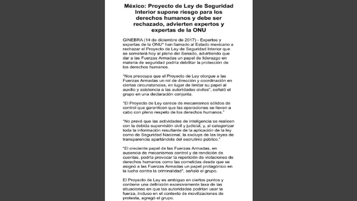 ONU se pronuncia ante La Ley de Seguridad Interior