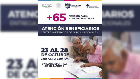 Apoyos de 65+ serán entregados en la Unidad Deportiva de la ciudad