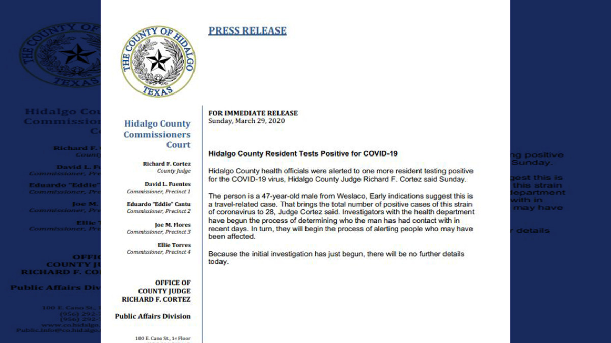 Se eleva a 28 el número de casos positivos de covid-19 en el Condado de Hidalgo