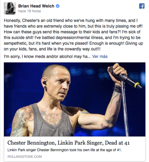 Brian Head Welch manda mensaje de critica por la muerte de Chester Bennington