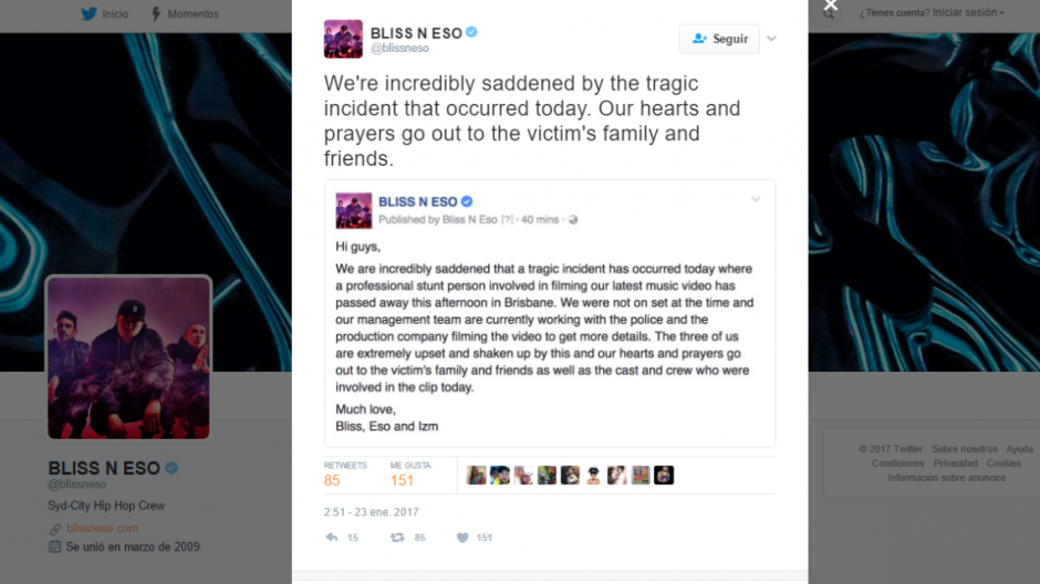 Muere actor de un disparo en grabación de video musical en Australia