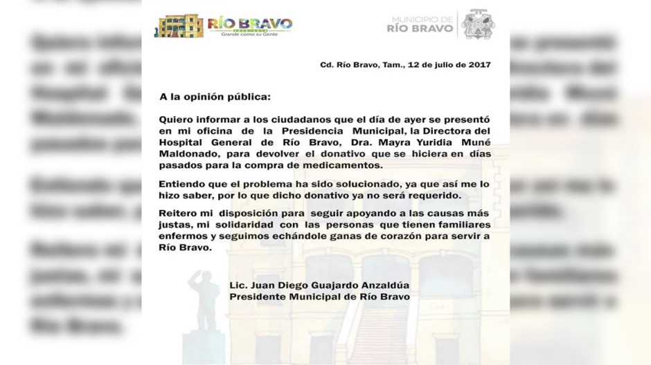 Hospital General devuelve donativo a Ayuntamiento
